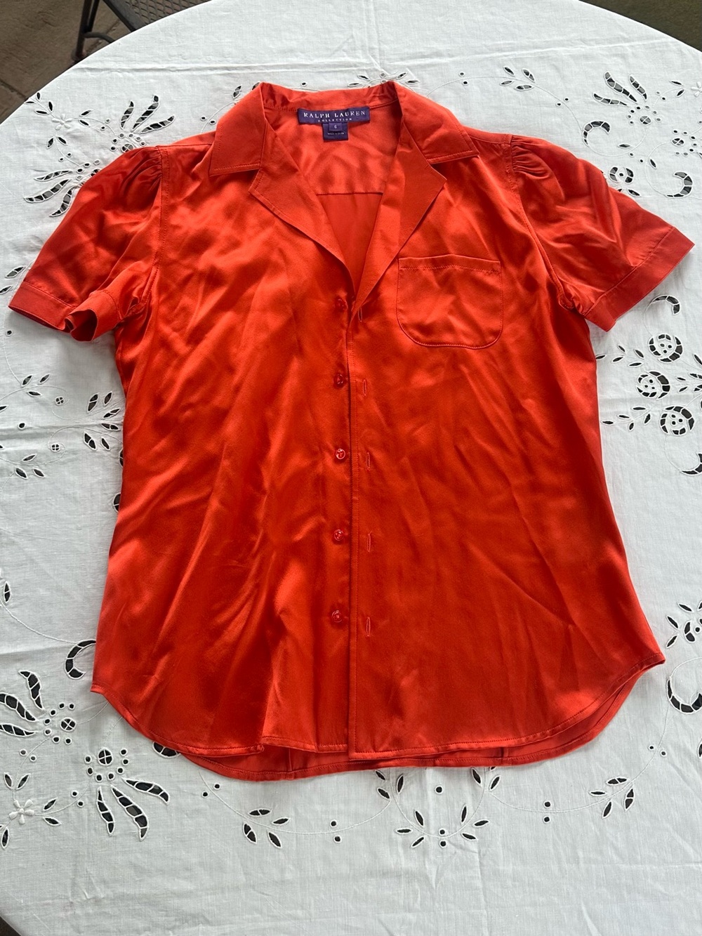 Ralph Lauren Collection Silk Red-Orange Short-Sleeve Button-Up Shirt